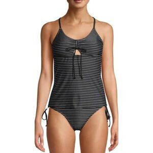 Black Striped Sz Medium (8-10) Removable Pads Apron Style Tankini 2 Pc Swimsuit
